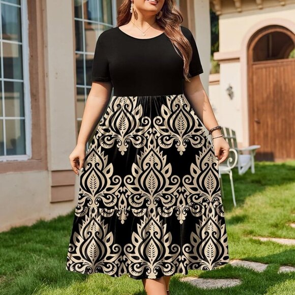 Women Plus Size Maxi Dress Casual Short Sleeve Pockets Summer Flowy - Picture 2 of 5